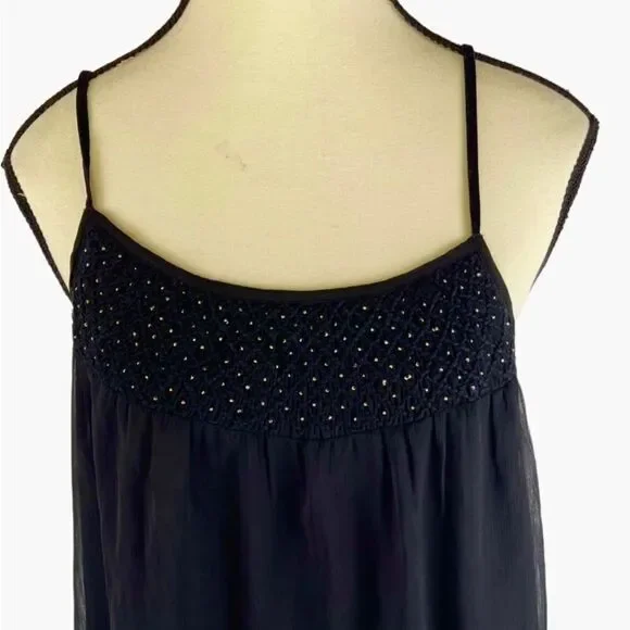 Lucky brand black silver flowy sheer smocked camisole w/gold trim hem sz M - Picture 12 of 16